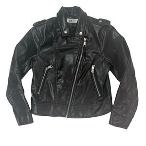 H&M Kids Girls Size 7 Black Faux Leather Moto Biker Jacket MINT